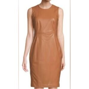 CALVIN KLEIN Faux Leather Sleeveless Midi Sheath Dress 8 Caramel Tan